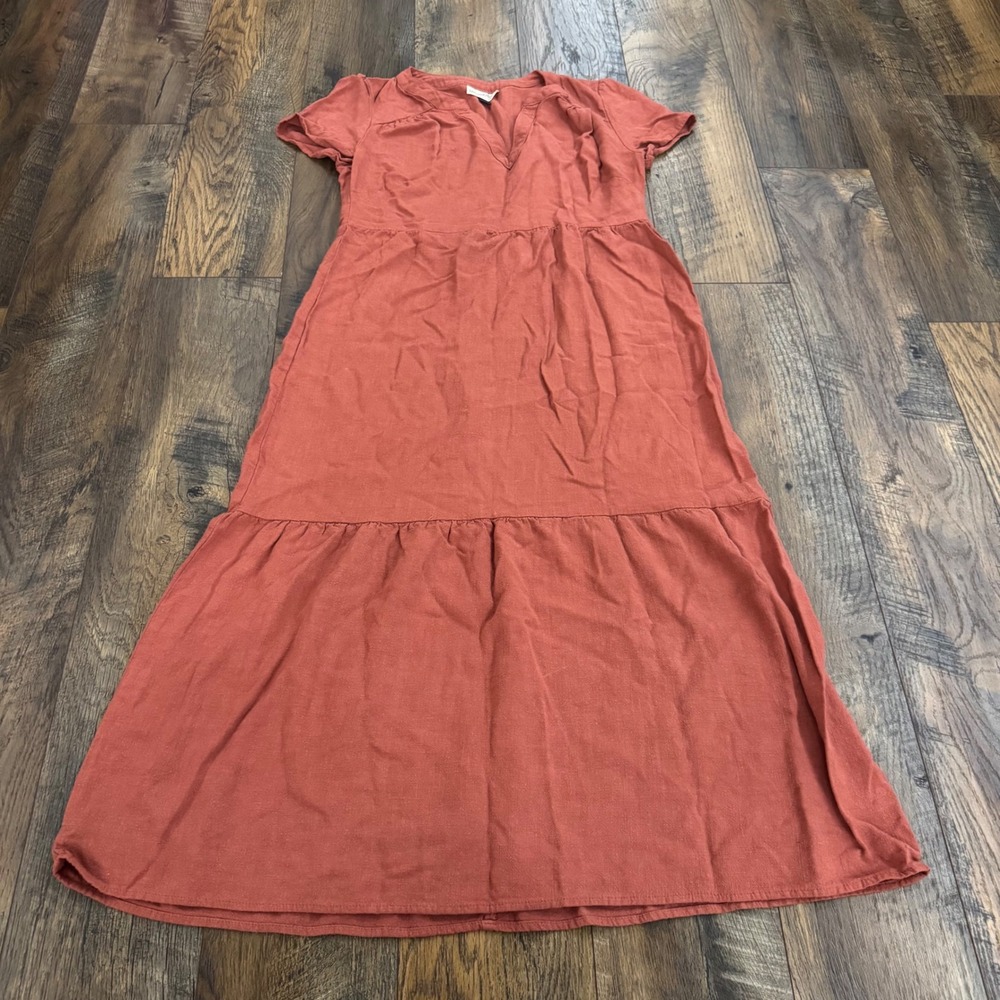 Universal Thread Rust Linen Blend Tiered Maxi Dress V-Neck Short Sleeve M Boho